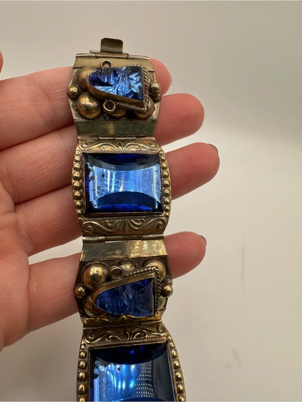 Vintage TAXCO Vintage Sterling Silver 925 Blue Glass Link Bracelet Box Closure